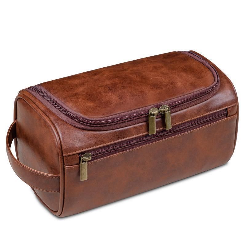 Premium Large PU Leather Waterproof Travel Toiletry Bag Red Brown 25x13x13cm