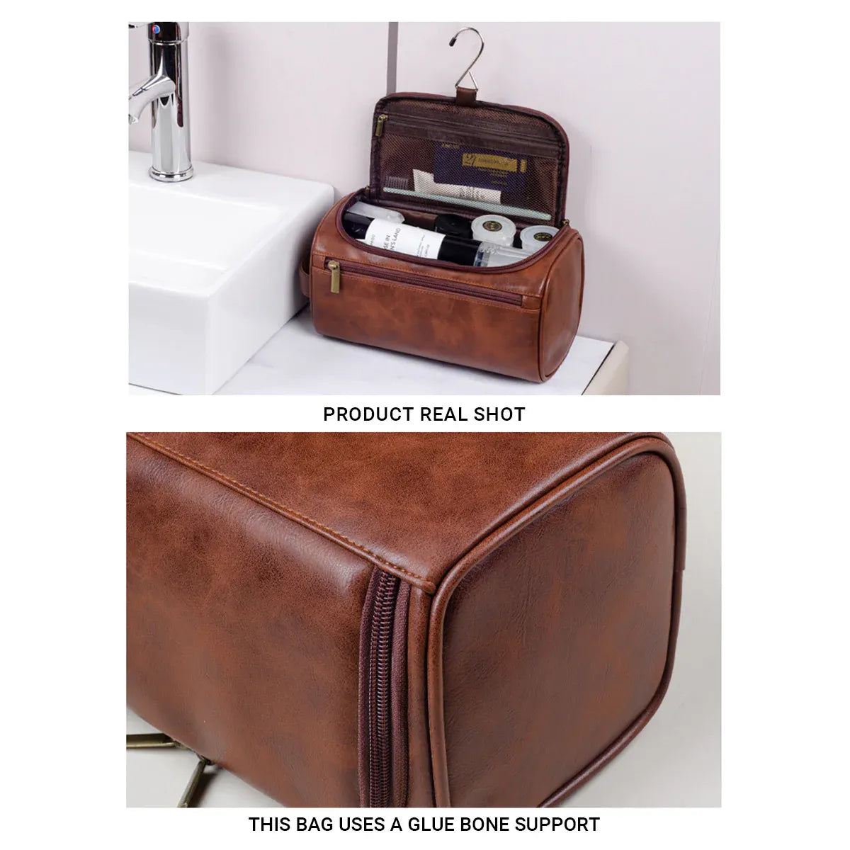 Premium Large PU Leather Waterproof Travel Toiletry Bag Red Brown 25x13x13cm