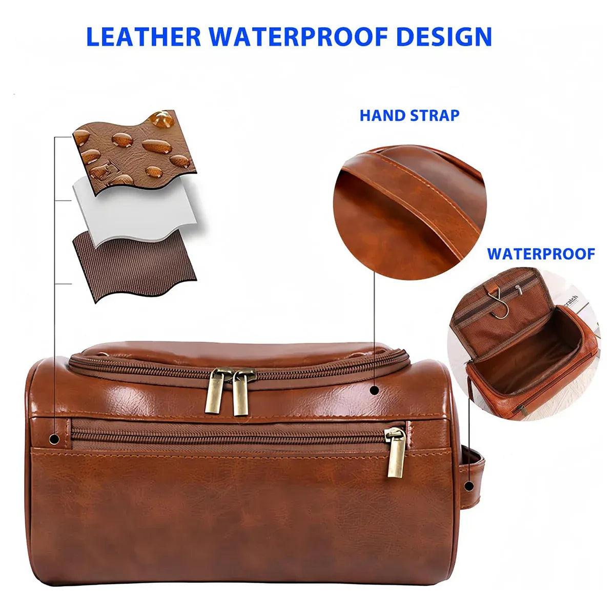 Premium Large PU Leather Waterproof Travel Toiletry Bag Red Brown 25x13x13cm