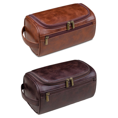 Premium Cosmetic Toiletry Bag with Waterproof PU Leather & Double Zippers - Red Brown