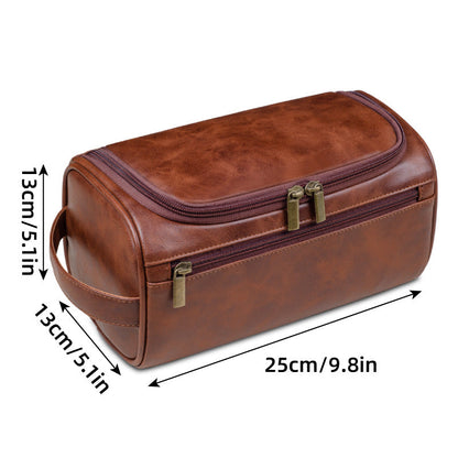 Premium Cosmetic Toiletry Bag with Waterproof PU Leather & Double Zippers - Red Brown
