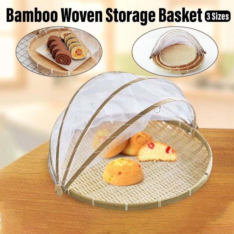 Bamboo Woven Storage Basket with Mesh Cover for Fruits & Vegetables - 42CM - SuperSaverAU - view 1