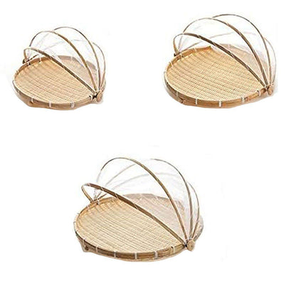 Bamboo Storage Basket with Mesh Cover for Fruit Vegetables Food Buns Kitchen - 42CM