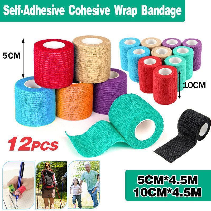Premium Self Adhesive Cohesive Wrap Bandage 12 Pack - Black 5cm x 4.5m