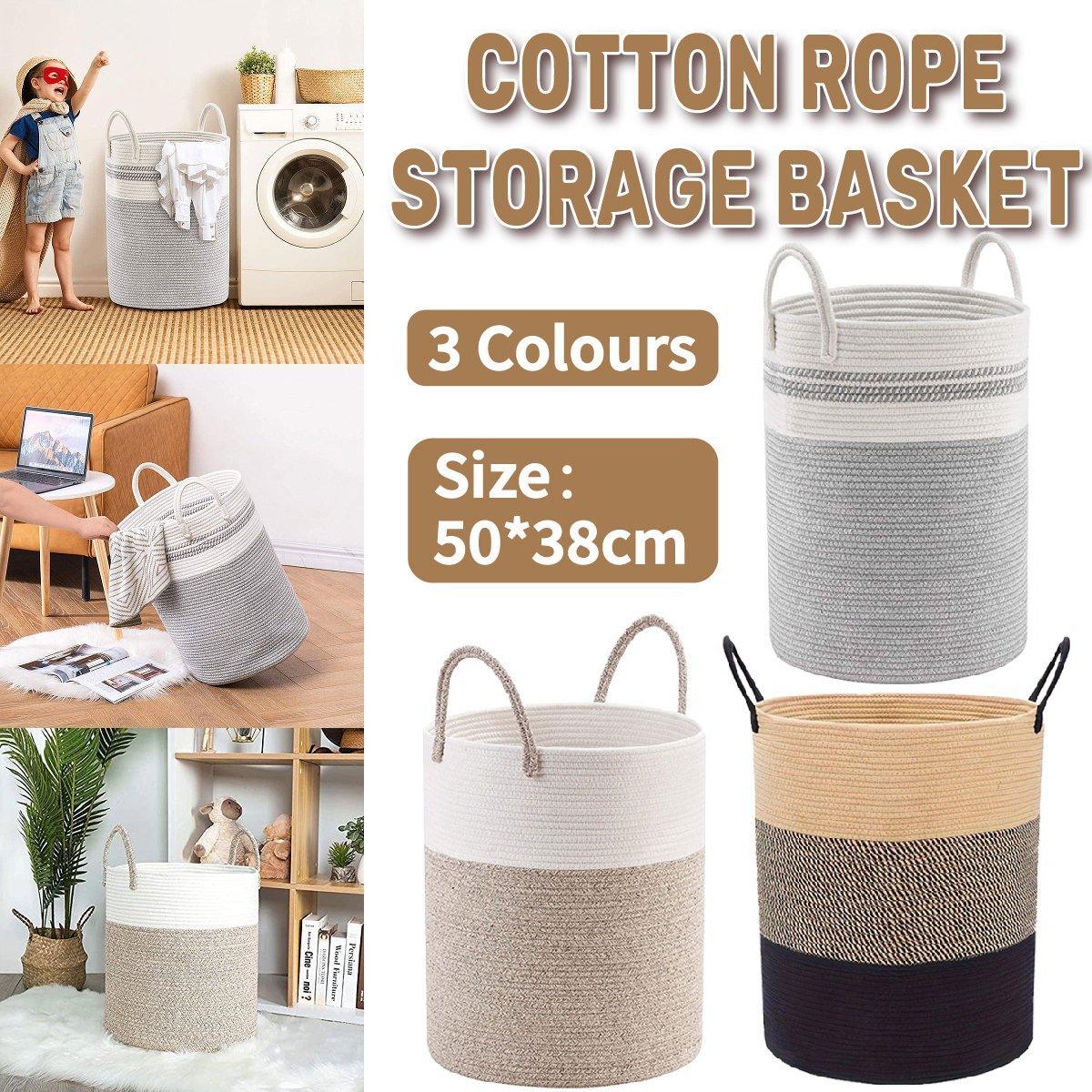 Woven Cotton Rope Storage Basket 50x38cm - Foldable Laundry Bin with Bamboo Accents