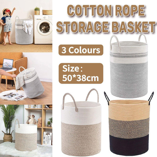 Woven Cotton Rope Storage Basket 50x38cm - Foldable Laundry Bin with Bamboo Accents