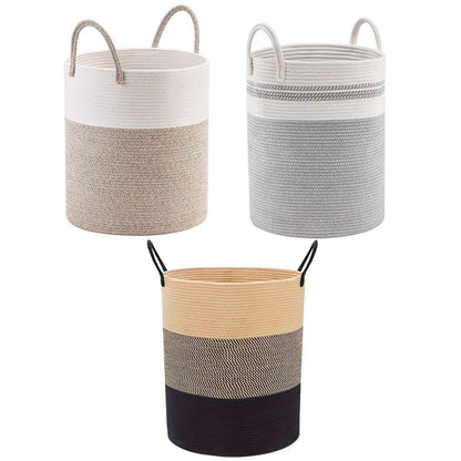 Woven Cotton Rope Storage Basket 50x38cm - Foldable Laundry Bin with Bamboo Accents