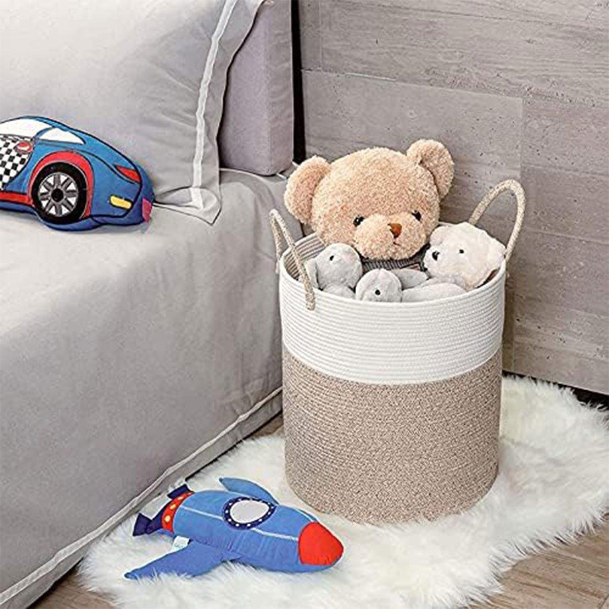 Woven Cotton Rope Storage Basket 50x38cm - Foldable Laundry Bin with Bamboo Accents