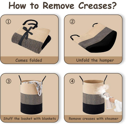 Woven Cotton Rope Storage Basket 50x38cm - Foldable Laundry Bin with Bamboo Accents