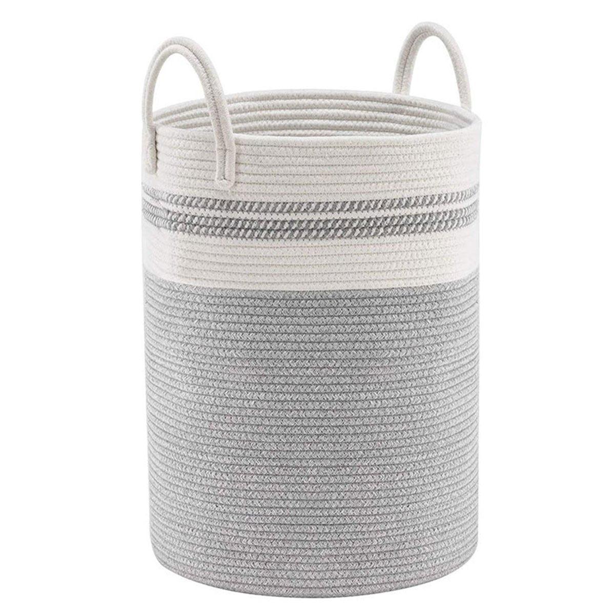 Woven Cotton Rope Storage Basket 50x38cm - Foldable Laundry Bin with Bamboo Accents