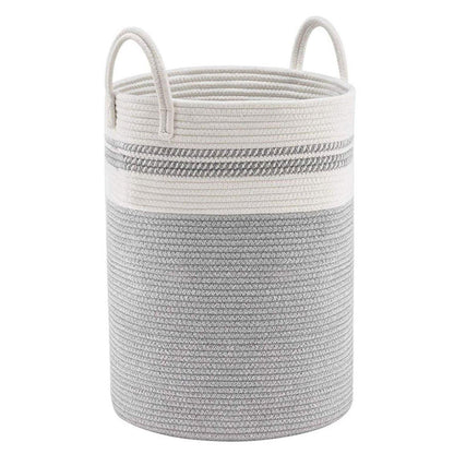 Woven Cotton Rope Storage Basket 50x38cm - Foldable Laundry Bin with Bamboo Accents