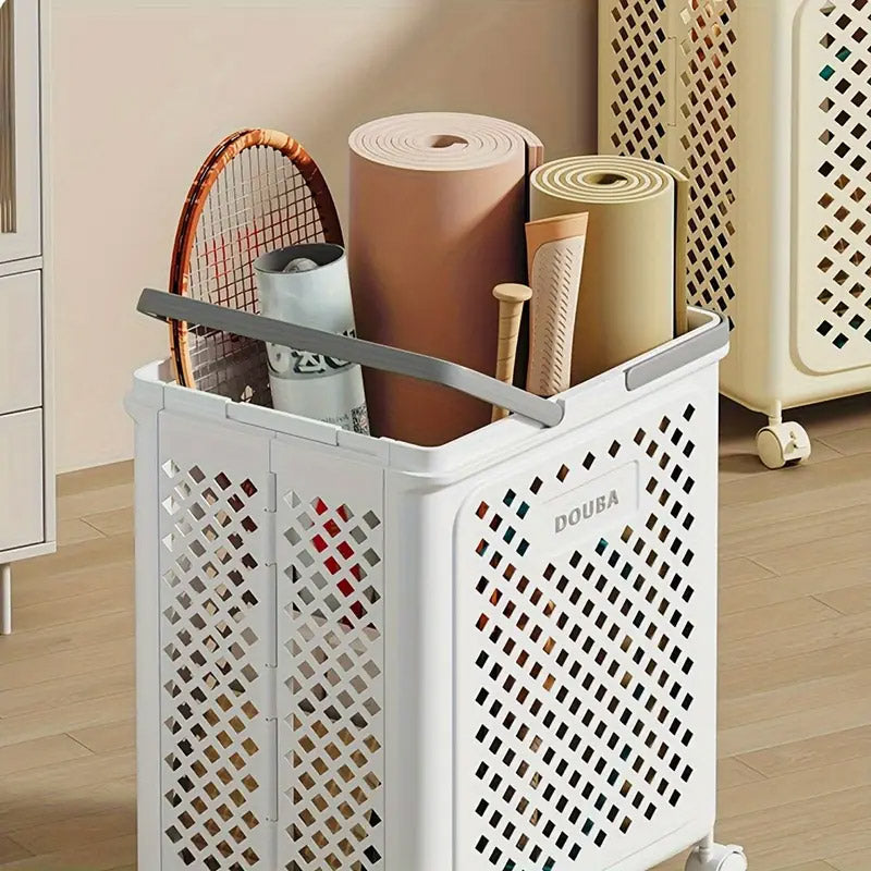 Foldable Laundry Basket with Wheels, Large Capacity, Beige, Breathable Design