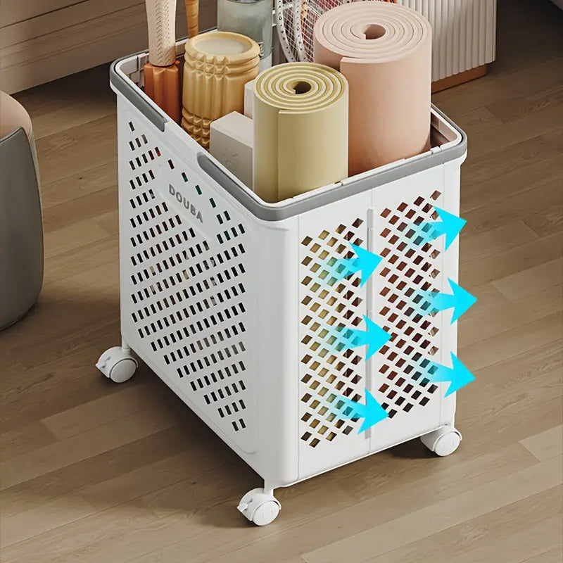 Foldable Laundry Basket with Wheels, Large Capacity, Beige, Breathable Design