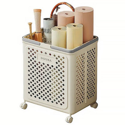 Foldable Laundry Basket with Wheels, Large Capacity, Beige, Breathable Design
