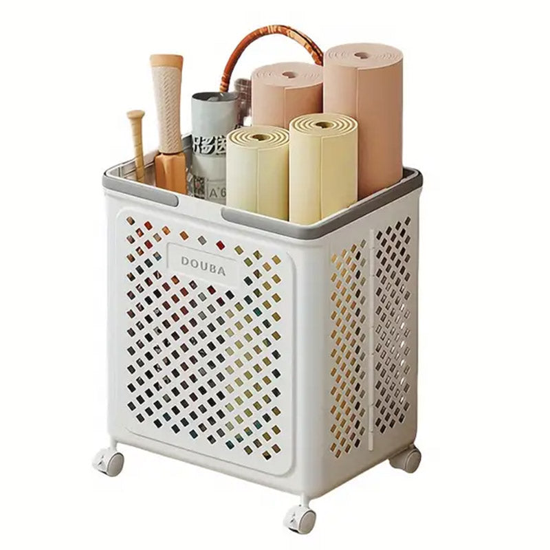 Foldable Laundry Basket with Wheels, Large Capacity, Beige, Breathable Design