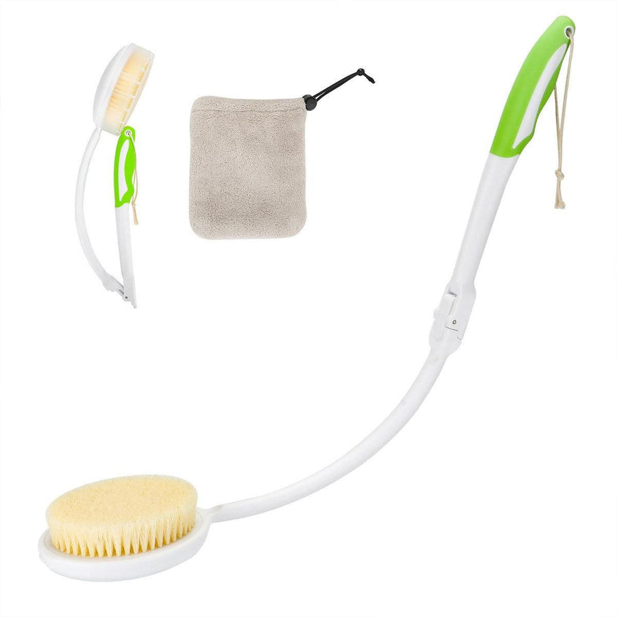 Premium Long Curved Handle Back Bath Brush with Soft Bristles and Microfiber Towel