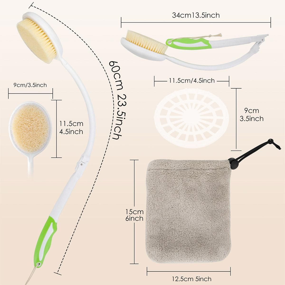 Premium Long Curved Handle Back Bath Brush with Soft Bristles and Microfiber Towel