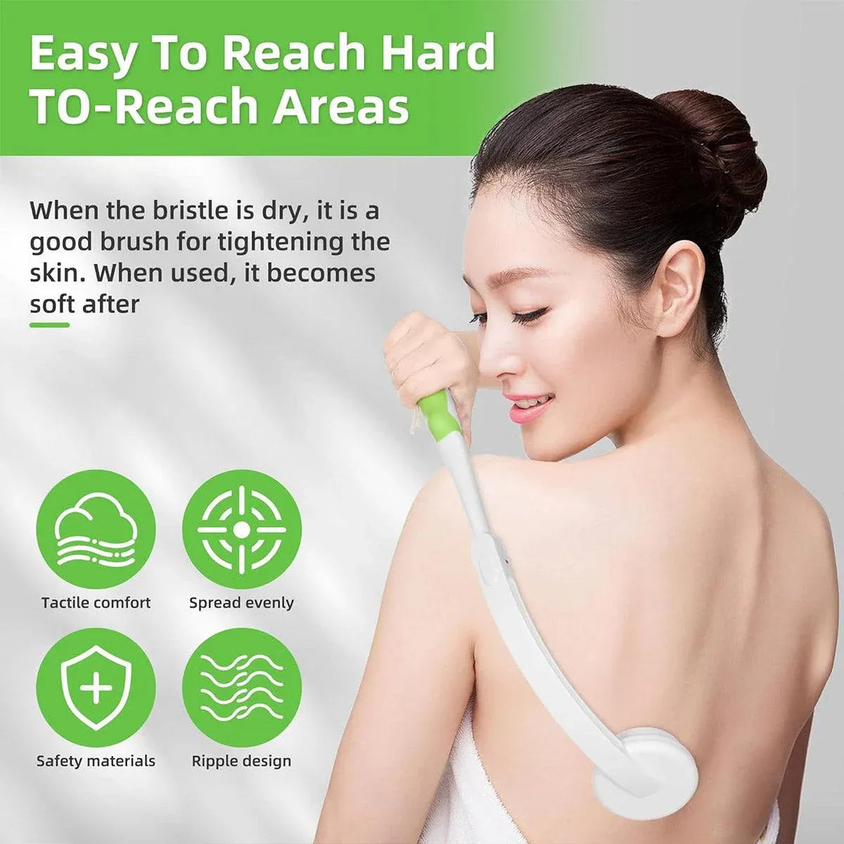 Premium Long Curved Handle Back Bath Brush with Soft Bristles and Microfiber Towel