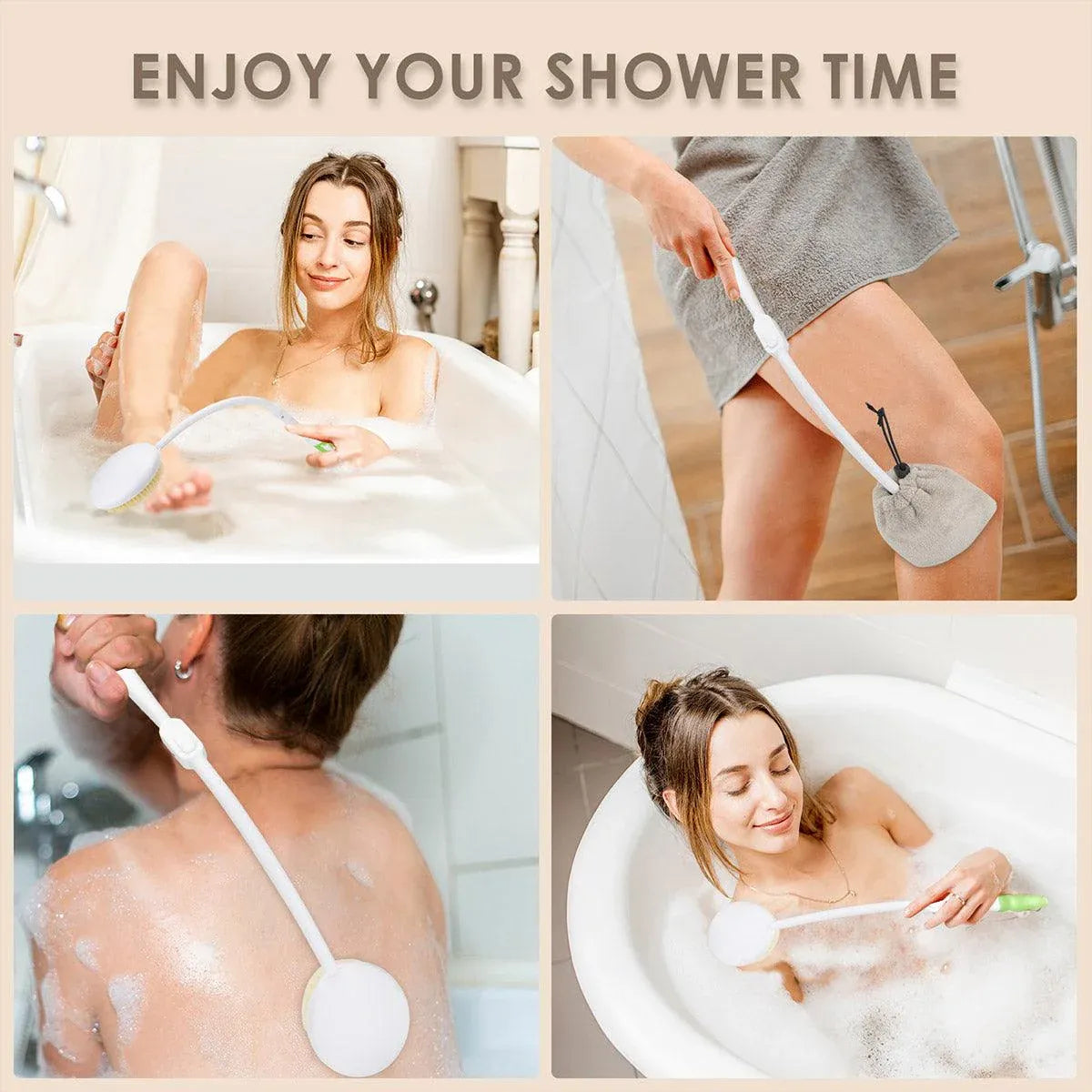 Premium Long Curved Handle Back Bath Brush with Soft Bristles and Microfiber Towel