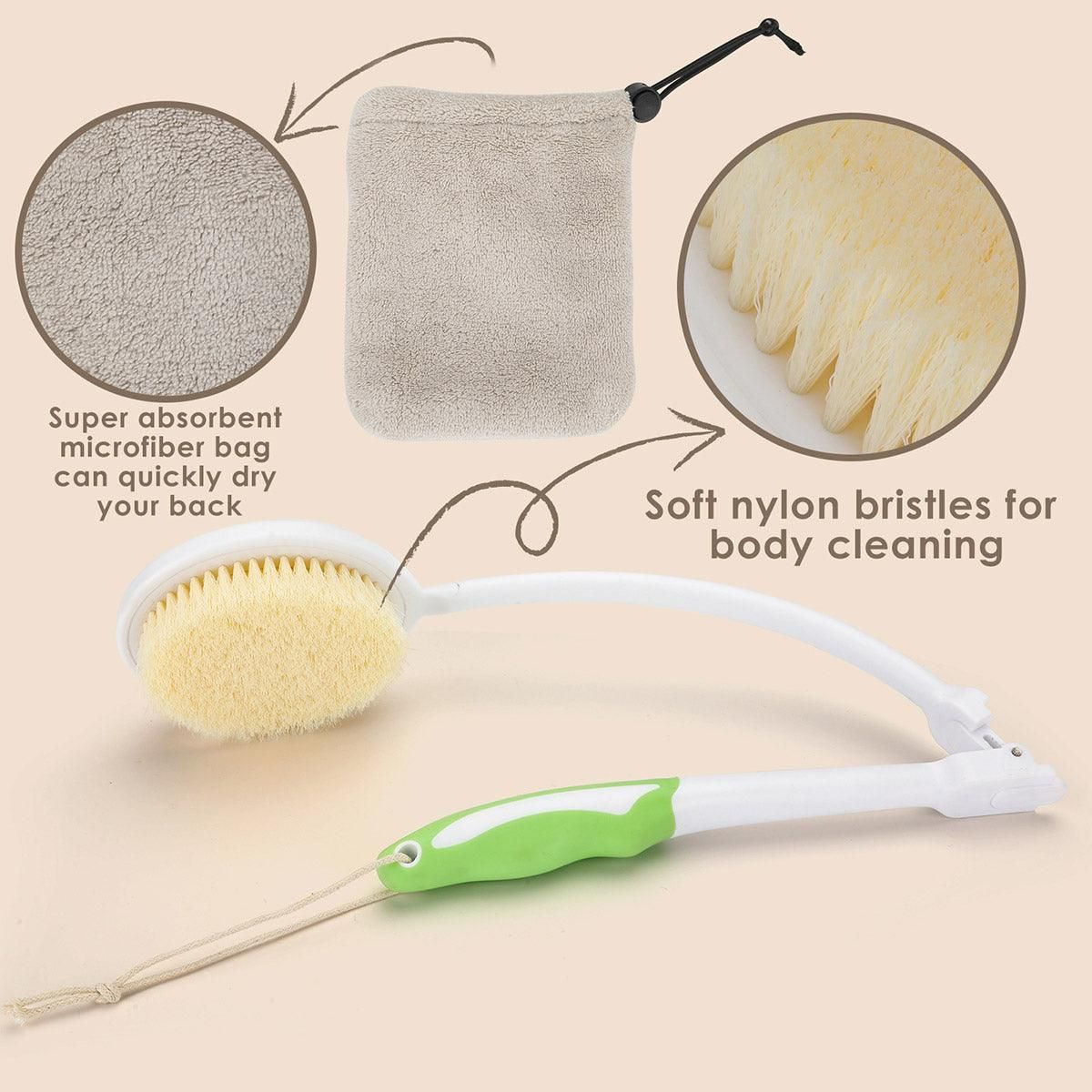 Premium Long Curved Handle Back Bath Brush with Soft Bristles and Microfiber Towel