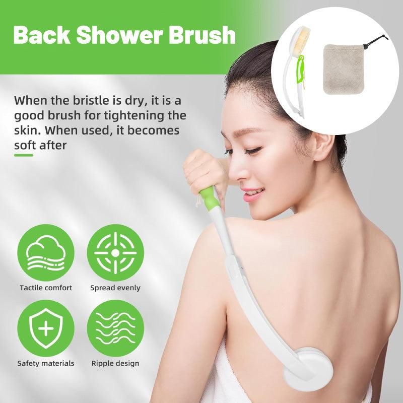 Premium Long Curved Handle Back Bath Brush with Soft Bristles and Microfiber Towel