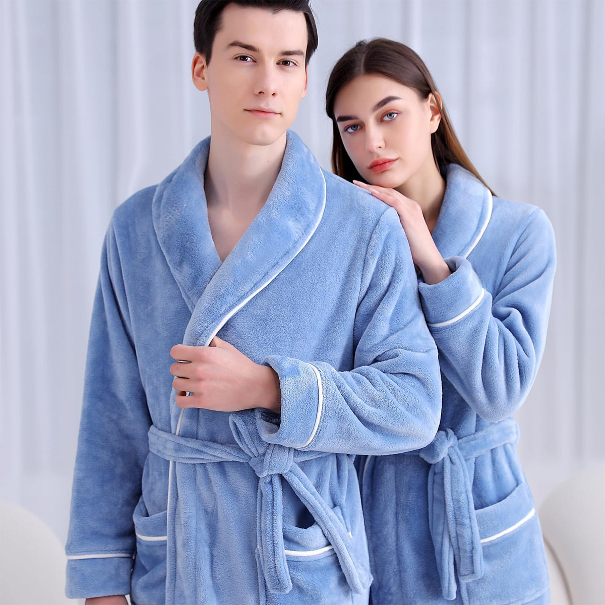 Flannel Bathrobe Set Autumn Winter Coral Fleece Nightgown for Men and Women Warm - Grey - SuperSaverAU - view 3