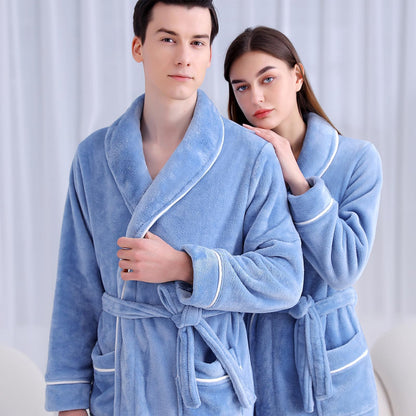 Flannel Bathrobe Set Autumn Winter Coral Fleece Nightgown for Men and Women Warm - Grey