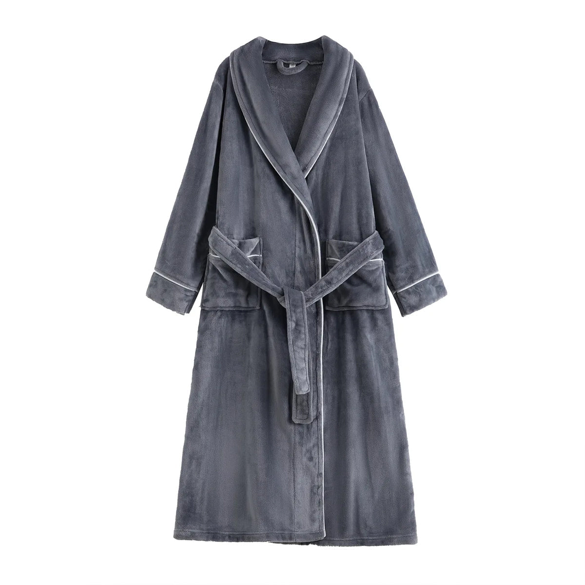 Flannel Bathrobe Set Autumn Winter Coral Fleece Nightgown for Men and Women Warm - Grey - SuperSaverAU - view 4