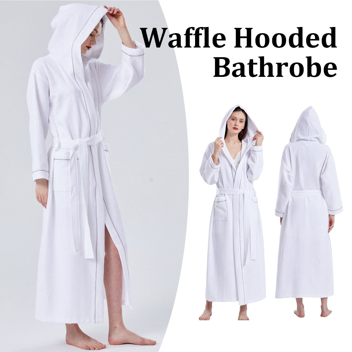 Waffle Hooded Bathrobe White L - Soft Absorbent Unisex Robe for Spa & Home