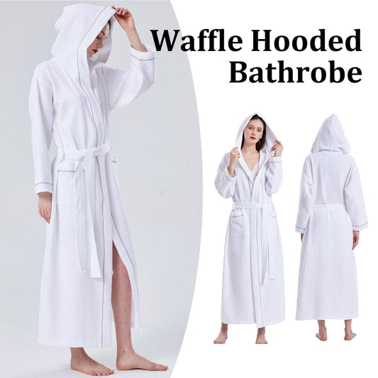 Waffle Hooded Bathrobe White L - Soft Absorbent Unisex Robe for Spa & Home