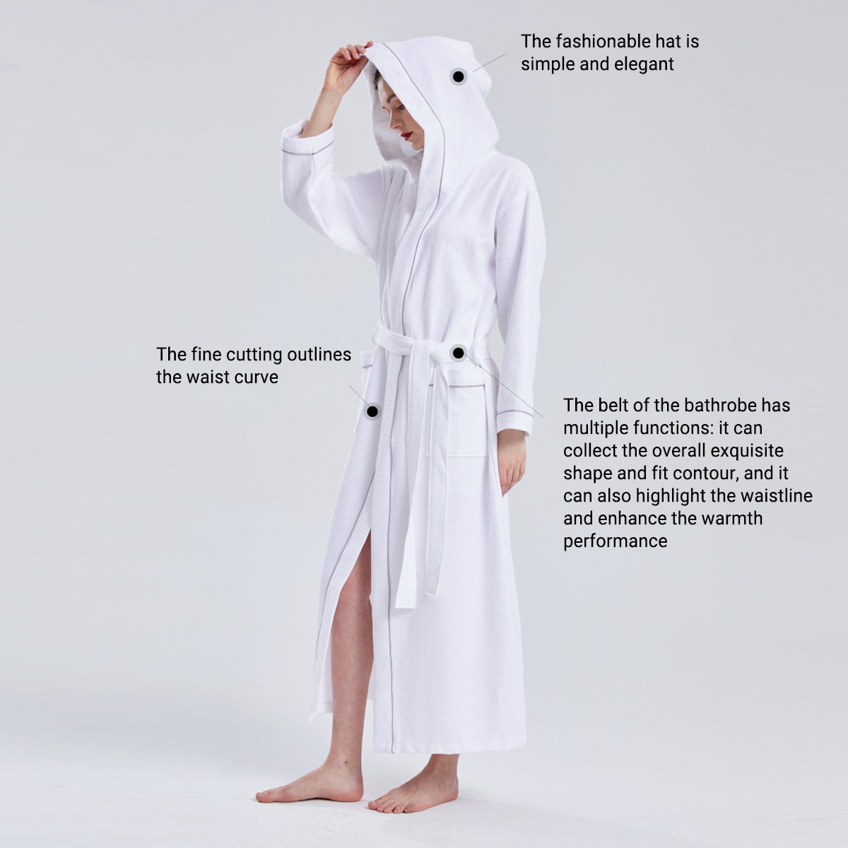 Waffle Hooded Bathrobe White L - Soft Absorbent Unisex Robe for Spa & Home