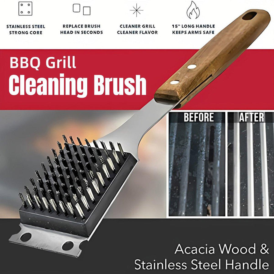 Premium BBQ Grill Cleaning Brush – Acacia Wood Handle