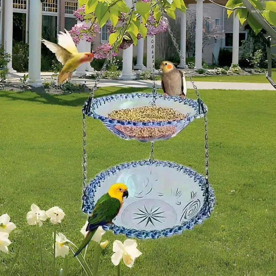 Premium Grey Outdoor Hanging Bird Feeder & Bath with Dual Bowls