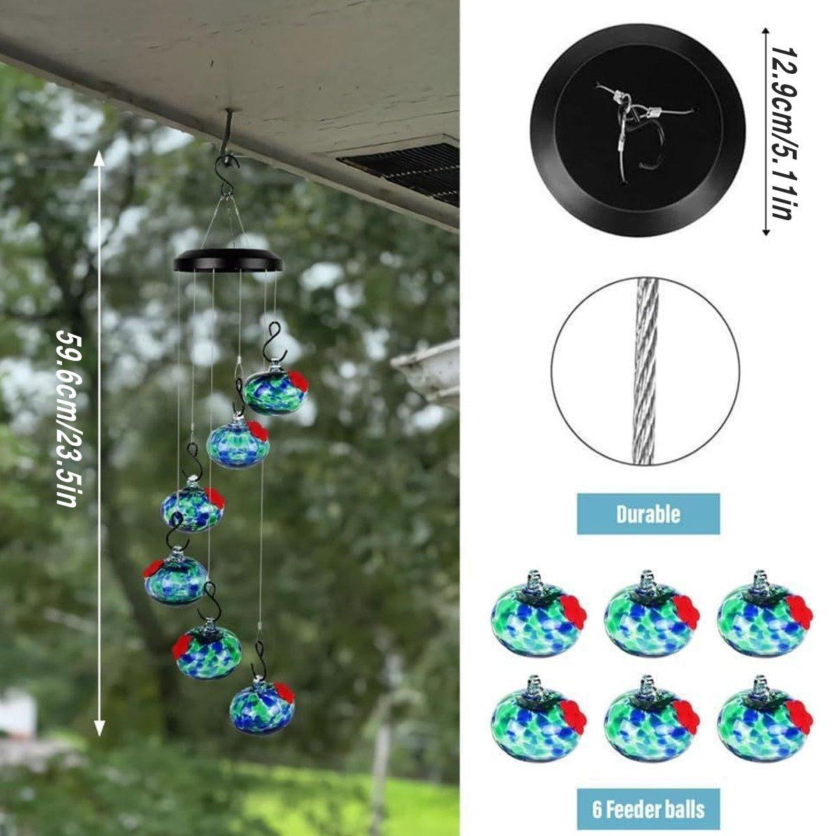 Hanging Hummingbird Feeder 59.6 cm, Hand-Blown Glass, Flower-Shaped Ports, Multicoloured
