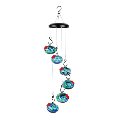 Hanging Hummingbird Feeder 59.6 cm, Hand-Blown Glass, Flower-Shaped Ports, Multicoloured