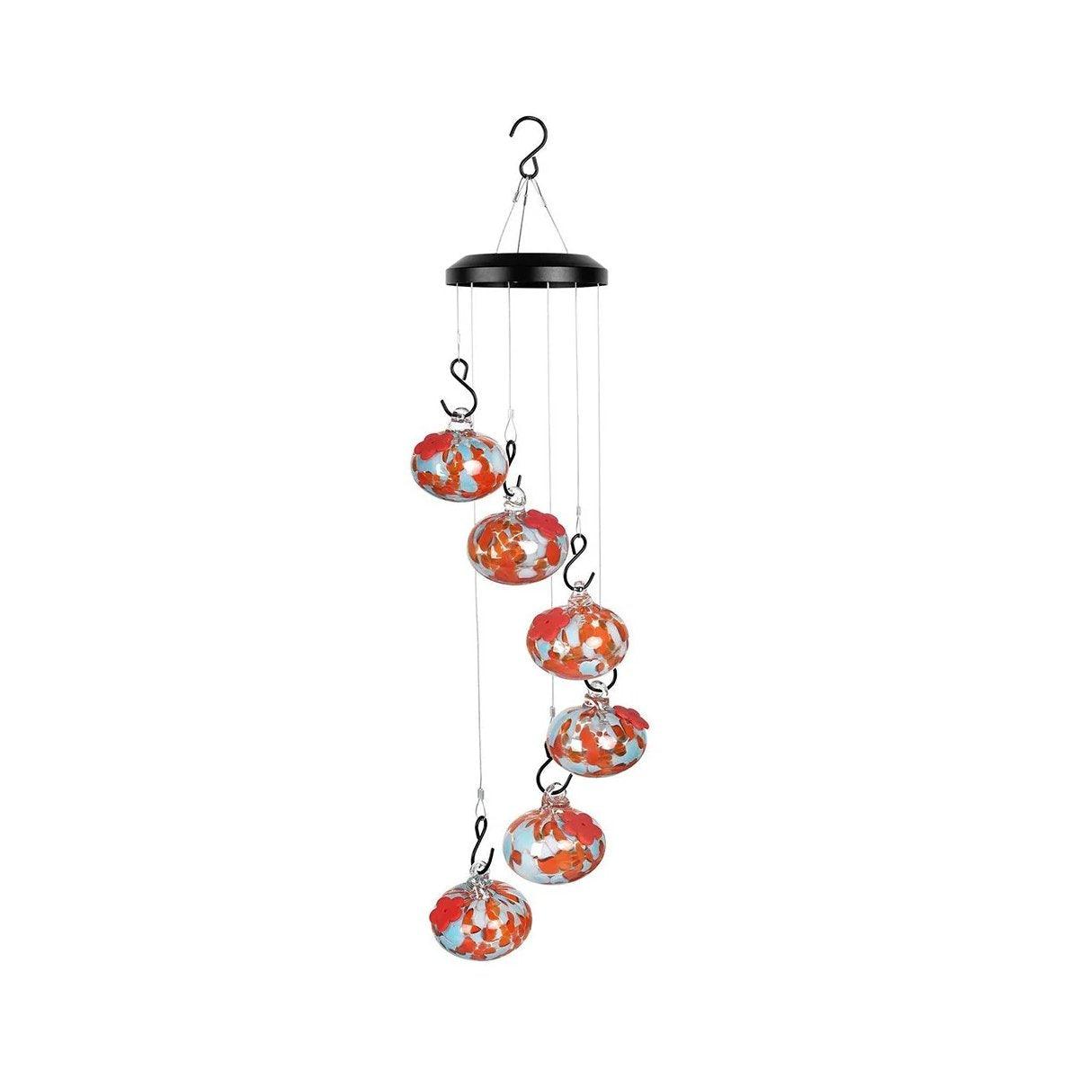 Hanging Hummingbird Feeder 59.6 cm, Hand-Blown Glass, Flower-Shaped Ports, Multicoloured