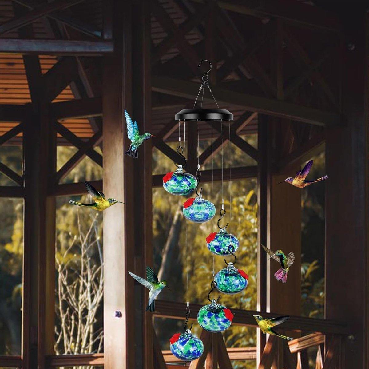 Hanging Hummingbird Feeder 59.6 cm - Hand-Blown Glass, Flower Ports, Multicoloured