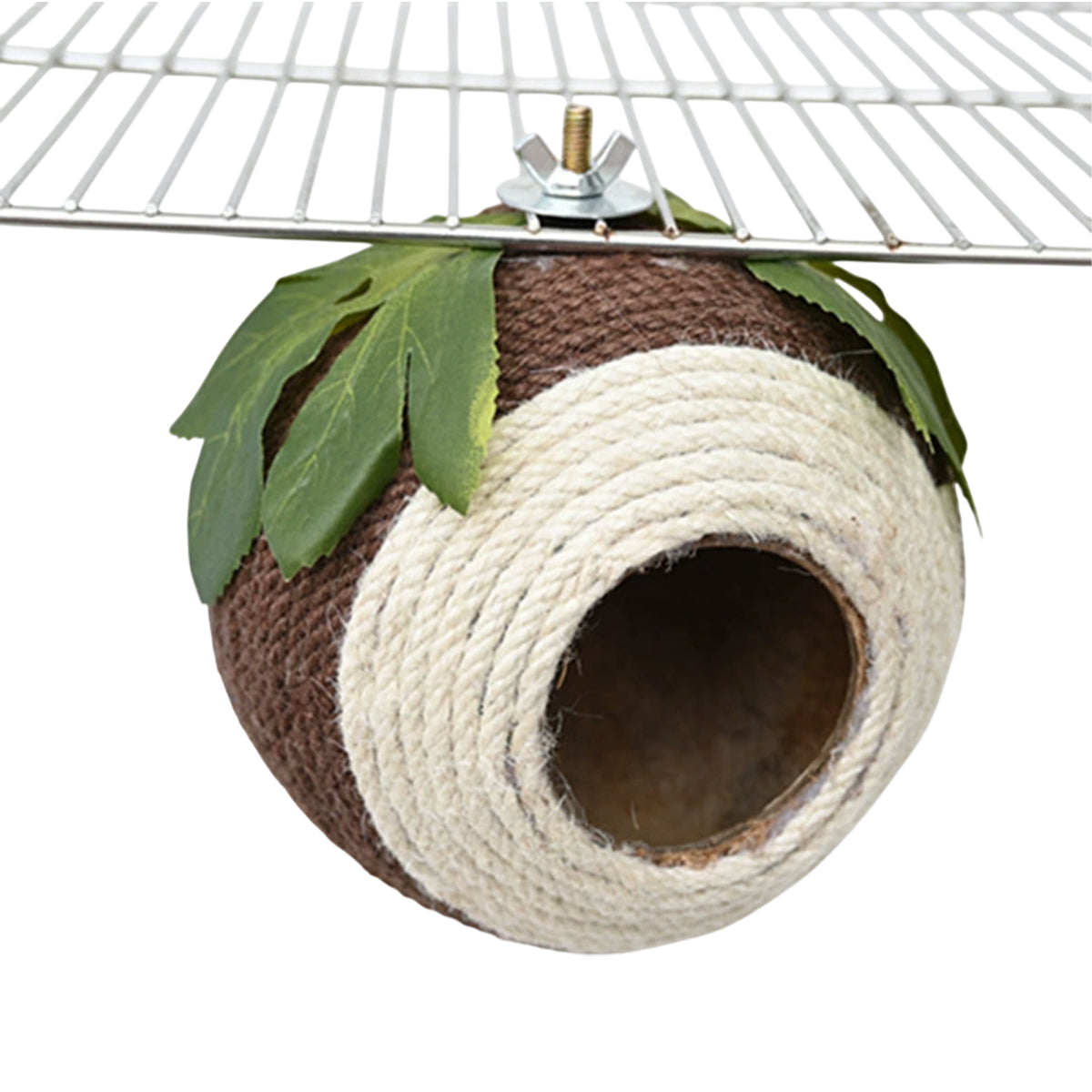 Premium Coconut Shell Bird Nest with Braided Twine - White Green Screw Model