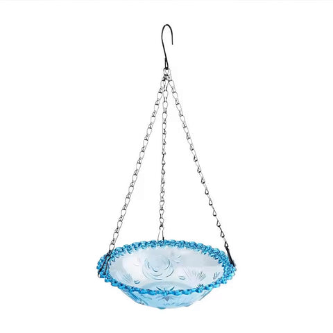 Premium Hanging Glass Bird Bath and Feeder – Blue