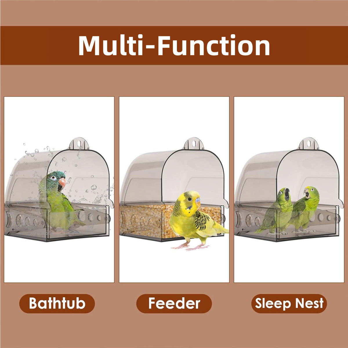 Premium Grey Transparent Parrot Bird Bath Box with Pull-Out Drawer