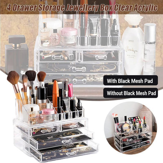 Holder Cosmetic Makeup Organizer 4 Drawer Clear Acrylic - With Black Mesh Pad