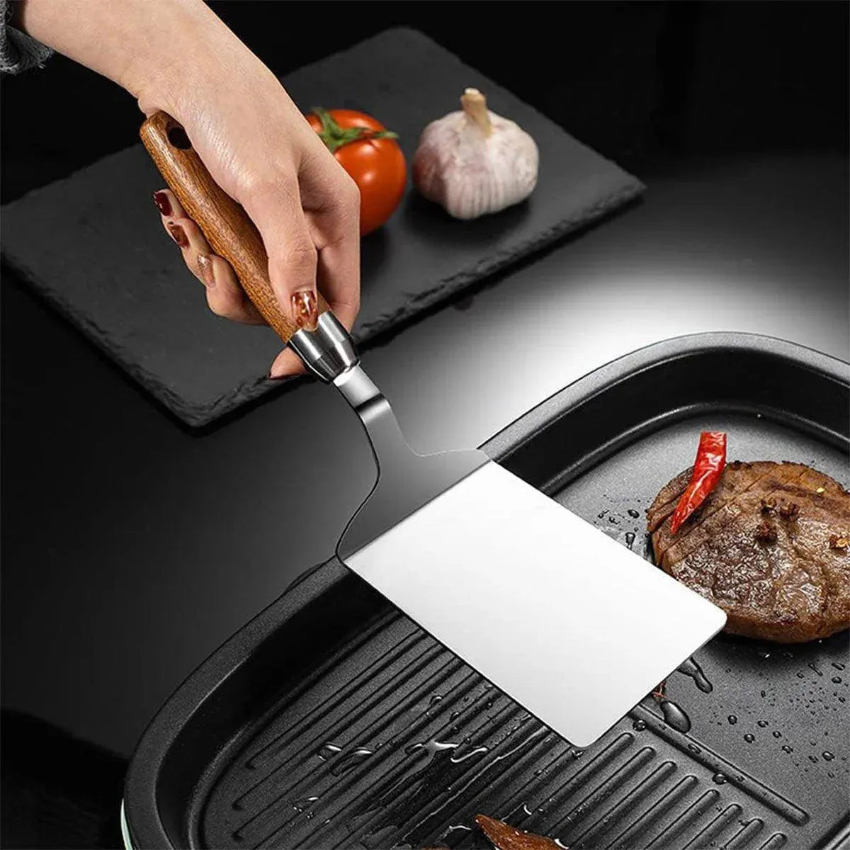 Premium Stainless Steel Teppanyaki Spatula – Wooden Handle