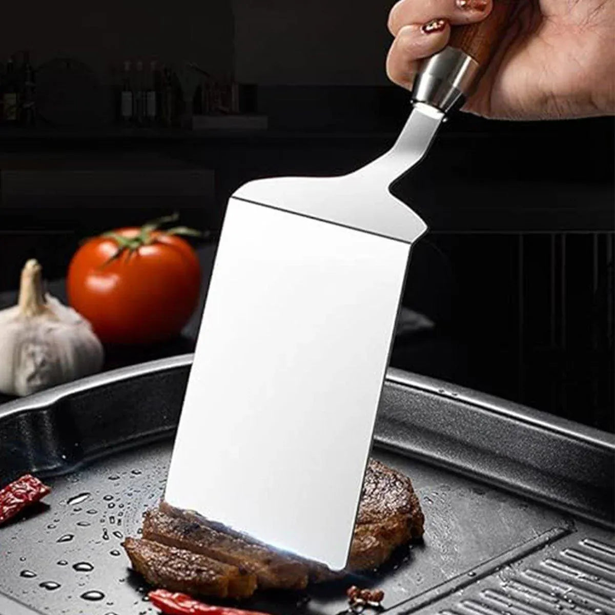 Premium Stainless Steel Teppanyaki Spatula – Wooden Handle