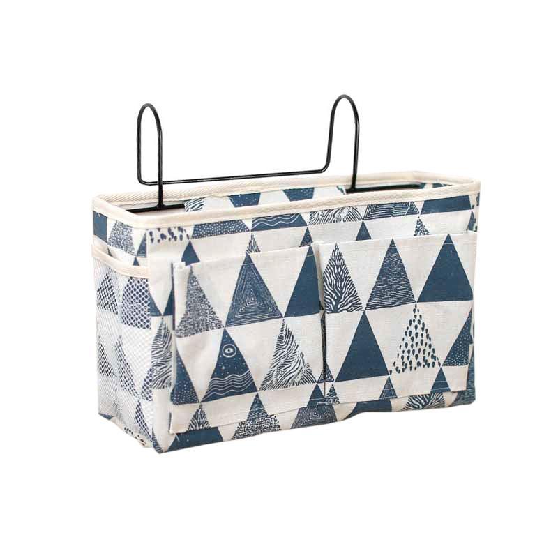 Premium Hanging Canvas Bedside Storage Caddy - Blue Triangle, 30 x 26 x 11cm