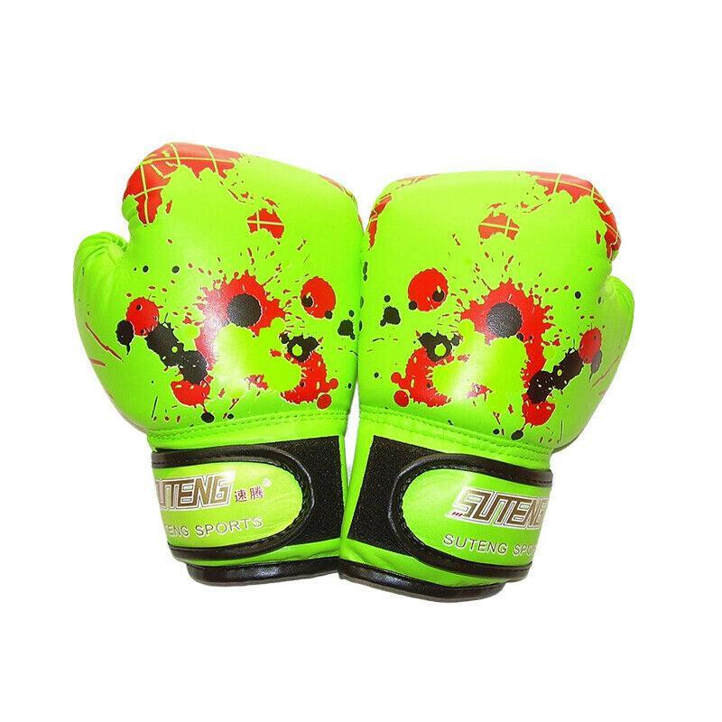 Premium Kids Boxing Sparring Gloves with Ventilated Palm & PU Leather - Green Map Pattern