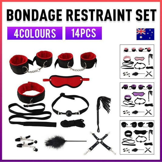 Premium 14-Piece Bondage Set - BDSM Restraint Kit with Ball Gag & Whip - Black