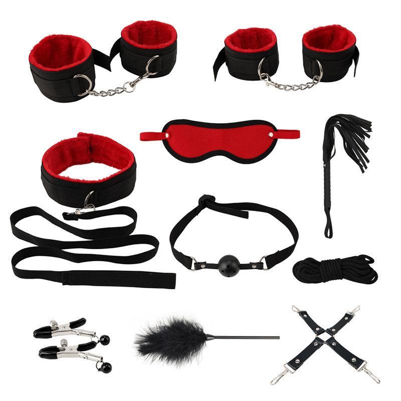 Premium 14-Piece Bondage Set - BDSM Restraint Kit with Ball Gag & Whip - Black