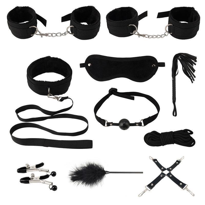 Premium 14-Piece Bondage Set - BDSM Restraint Kit with Ball Gag & Whip - Black