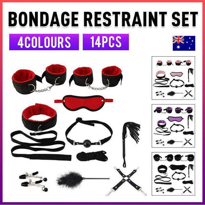 Premium 14-Piece Bondage Set - BDSM Restraint Kit with Ball Gag & Whip - Red