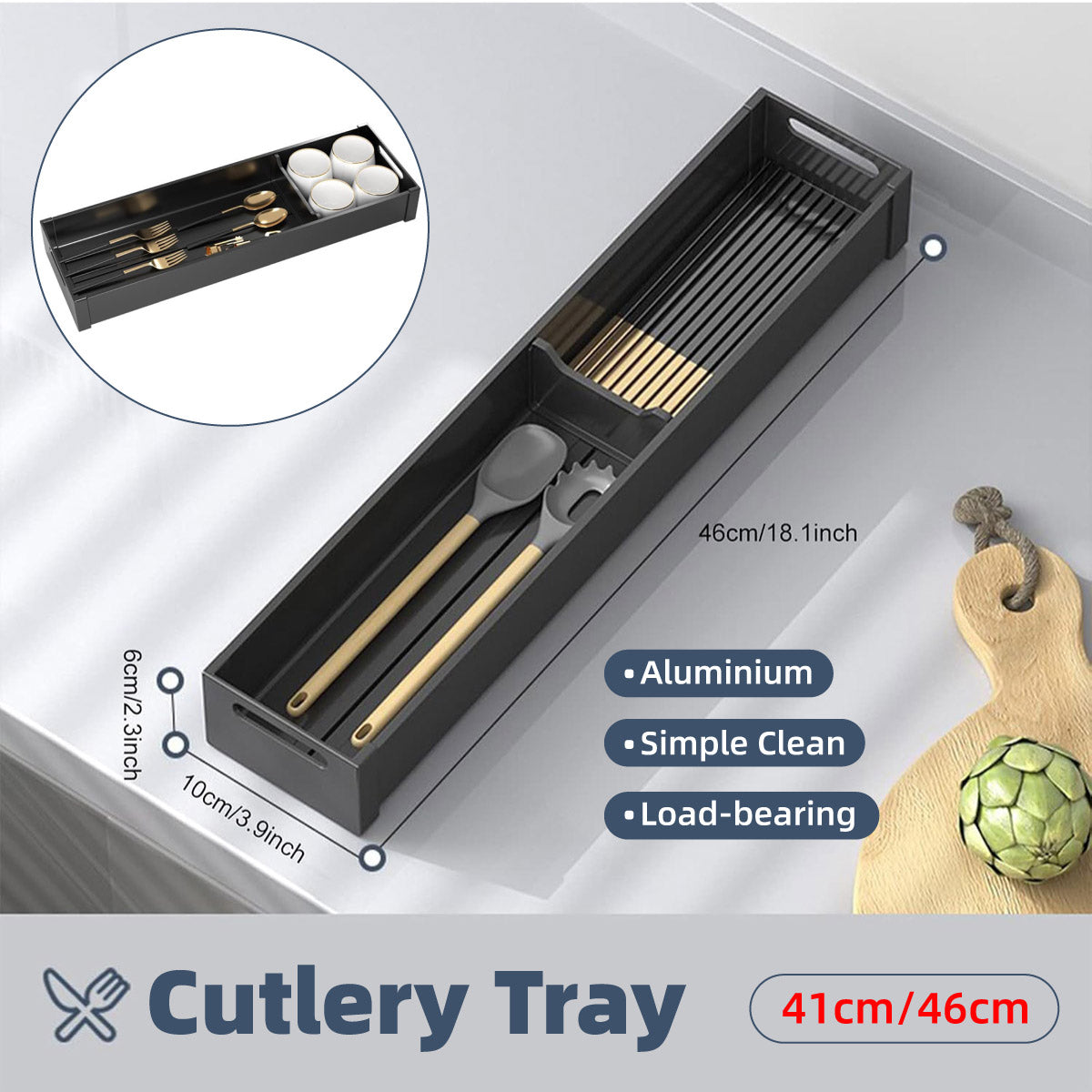 Premium Aluminium Cutlery Tray – Black 46 x 10cm with Adjustable Divider